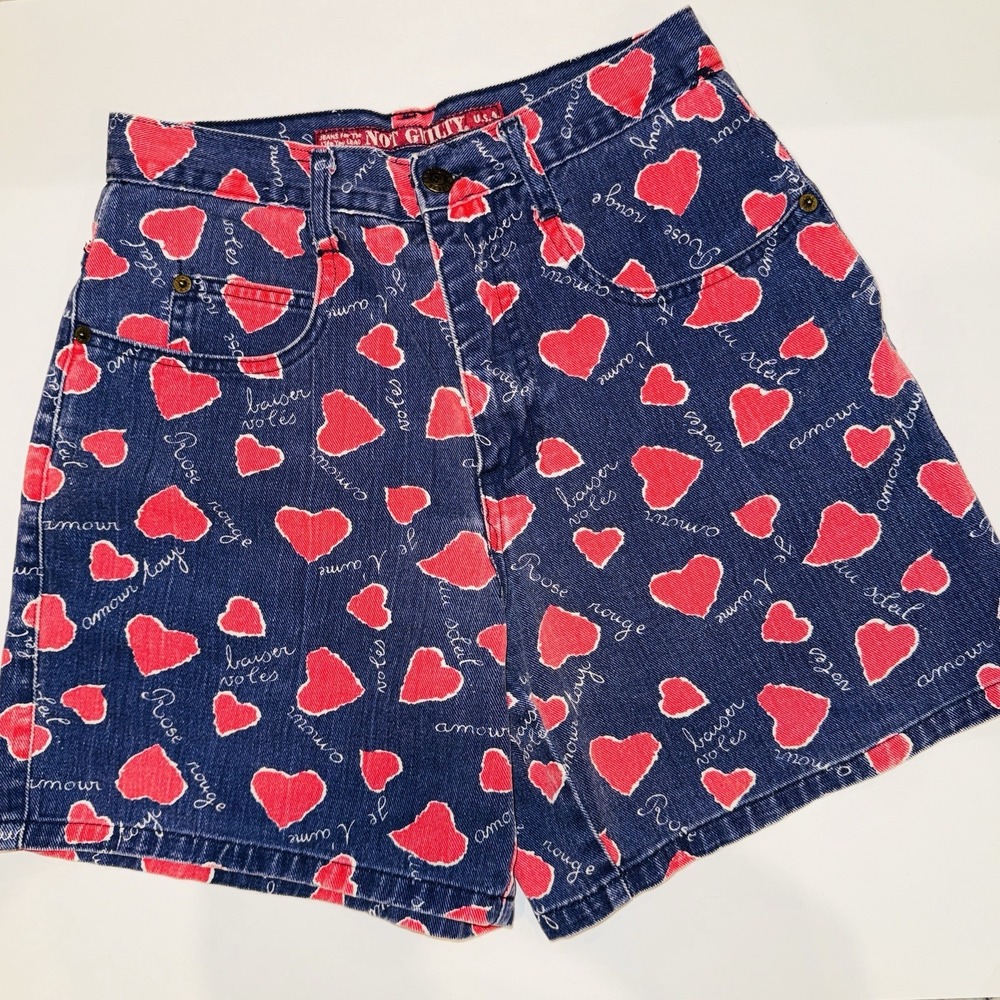 Vtg 90s Not Guilty Heart Print Denim Shorts Size 3/4 High Rise Made In USA